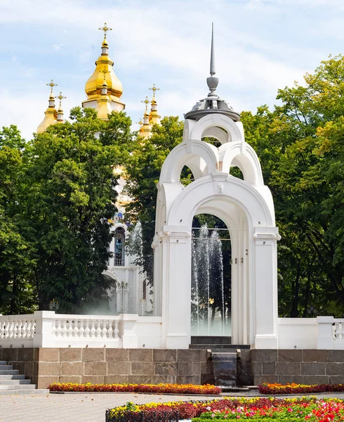 镜面溪流喷泉 夏天的时候 公园里有鲜花和绿树 密尔赫教堂 乌克兰哈尔科夫 — 图库照片