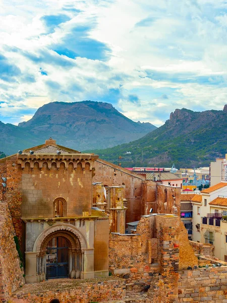 Stadtbild Mit Bergen Und Bunten Häusern Hintergrund Cartagena Spanien — Stockfoto