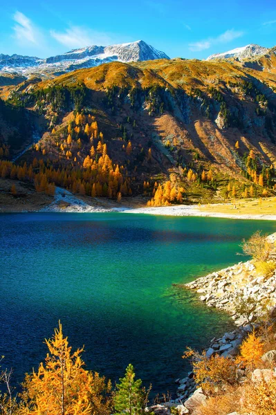 Autumn Alps Aerial Mountain Landscape Turquoise Lake Snowy Peak Austria — Stock Photo, Image