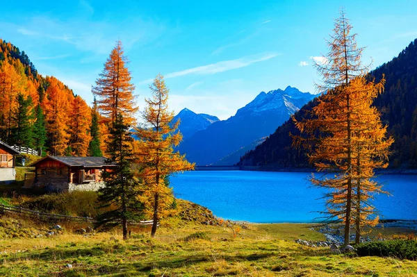 Barevná Podzimní Scenérie Chatrčemi Jezera Zlatými Stromy Horami Alp Pozadí — Stock fotografie