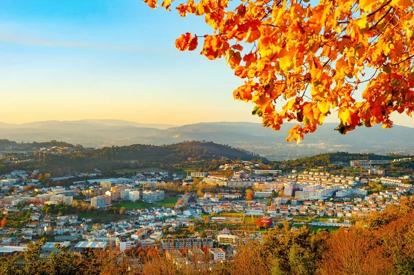 葡萄牙波尔图 布拉加 秋天的空中城市景观 背景为金黄的树叶和高山 — 图库照片