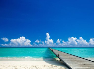 Beyaz kumlu sahili ve denizi olan tropik Maldivler adası