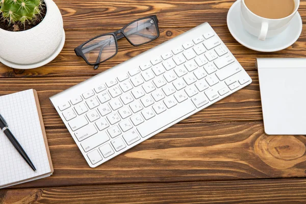 Workspace Tablet Keyboard Coffee Cup Eyeglasses Copy Space Background Top — Stock Photo, Image