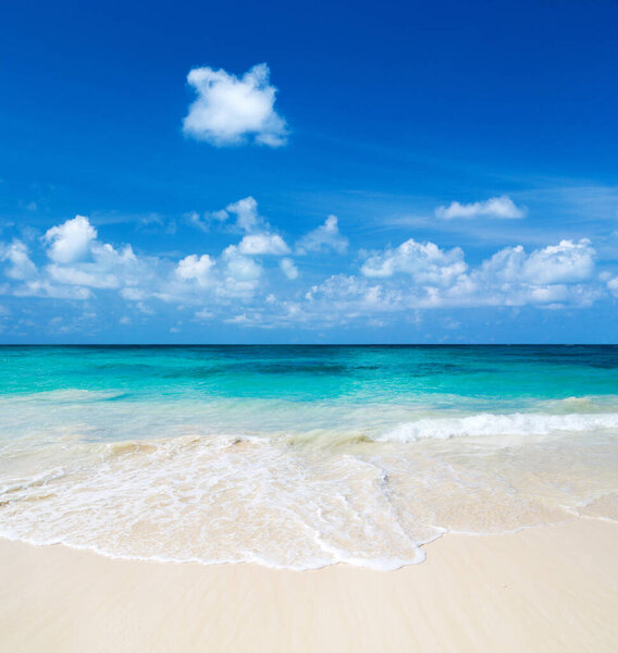 Beautiful beach with white sand. Tropical sea with cloudy blue sky . Amazing beach landscap