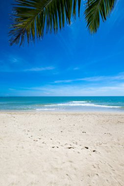 Bulutlar mavi gökyüzünde sakin denizin üzerinde güneş ışığı yansımasıyla