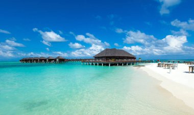 Plaj ve tropikal deniz. Maldivler 'deki tropik cennet manzarası