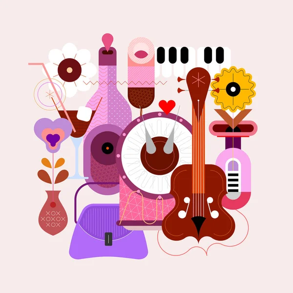 Цветной Векторный Дизайн Музыкальных Инструментов Коктейлей Винной Бутылки Модной Сумочки — стоковый вектор