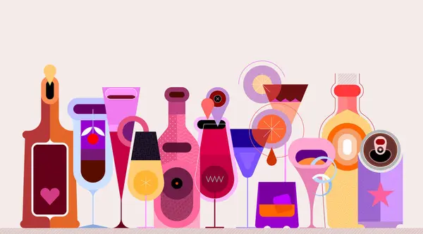 Butelki Napojami Alkoholowymi Szklanki Kolekcja Różnych Butelek Koktajli Szklanek Napojów — Wektor stockowy
