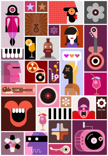 Música Cóctel Cartel Diseño Vectores Incluyen Muchas Imágenes Diferentes Personas — Vector de stock