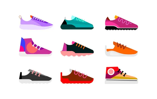 Fashionable Sneakers Collection Set Multicolored Vector Icons Isolated White Background —  Vetores de Stock