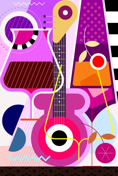 カクテルと音楽パーティーのベクターイラスト クラシックギター カクテルグラス 抽象的な形状のクリエイティブデザイン — ストックベクタ