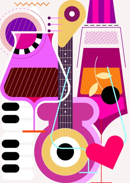 カクテルと音楽パーティーのベクターイラスト クラシックギター ピアノキーボード カクテルグラスによるクリエイティブデザイン — ストックベクタ