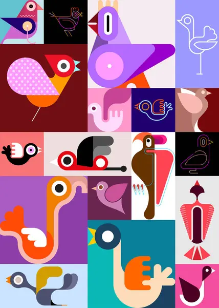 Pop Art Collage Vectoriel Images Divers Oiseaux Modèle Couverture Verticale — Image vectorielle