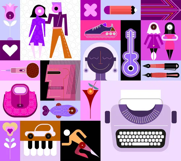 Collage Pop Art Nombreux Objets Différents Ensemble Éléments Design Vectoriel — Image vectorielle