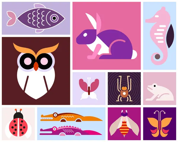 Collage Vectorial Imágenes Varios Animales Aves Peces — Vector de stock