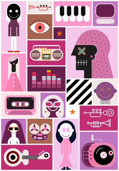 Collage Pop Art Nombreux Objets Style Rétro Différents Instruments Musique — Image vectorielle