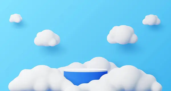 구름이 흐르는 포디움 파란색과 어린이 표시를 플랫폼 받침대 렌더링 모크업 스톡 일러스트레이션