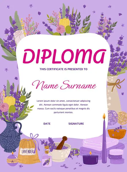 Diplom Certifikat Med Lavendel Kosmetika Produkter Skönhet Och Hudvård Utbildning Royaltyfria Stockvektorer