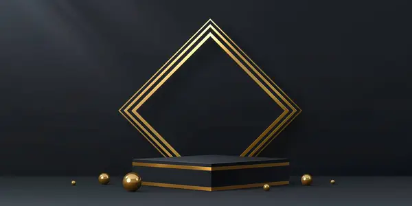 Gold Black Podium Cube Pedestal Stage Golden Glow Pearls Rhombus Royalty Free Stock Vectors
