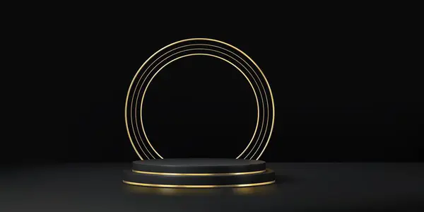 Чорний Подіум Золотою Аркою Круглим Єдесталом Відображення Продукту Векторна Вітрина Стокова Ілюстрація
