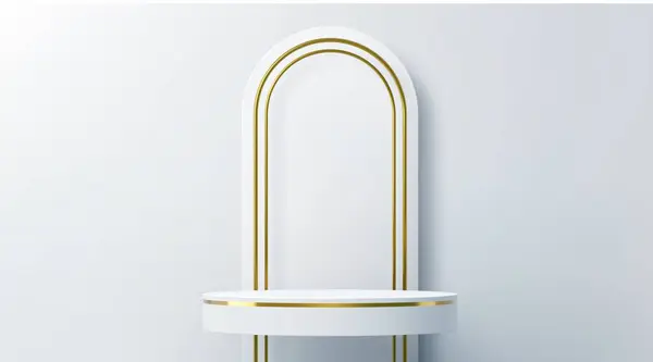Білий Подіум Аркою Золотою Рамкою Стадії Відображення Продукту Векторний Фон Стокова Ілюстрація