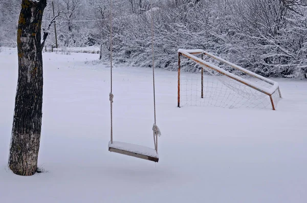 Balançar Árvore Gol Futebol Inverno — Fotografia de Stock