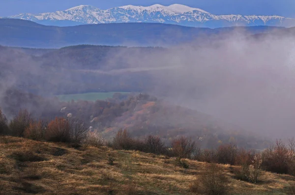 3月上旬のプレバルカン地方の風景を背景に ブッシュ 雪の山がぼやけている — ストック写真