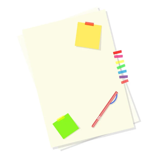 Fogli Carta Bianca Note Adesive Colorate Penna Illustrazione Vettoriale Piatto — Vettoriale Stock