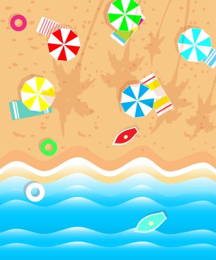 Yaz tatili boş zamanı. Kumda şemsiyeler, havlular, sörf tahtaları ve tüpleri olan plaj tropikal tatil köyü. Vektör illüstrasyon düzlüğü.