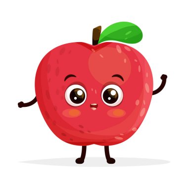 Çizgi film karakteri kırmızı mutlu elma yeşil yaprak ayakta ve el sallıyor, gülümseyen ifade, merhaba diyor, düz vektör çizimi beyaz arka planda izole.