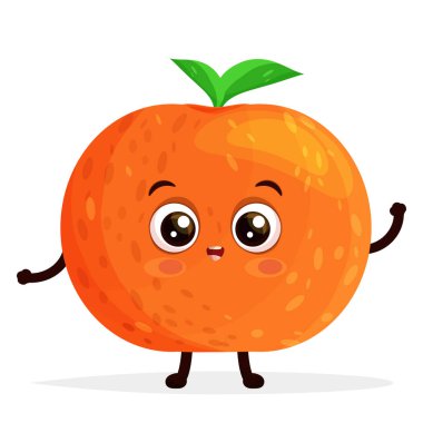 Çizgi film karakteri mutlu turuncu, yeşil yapraklı ve el sallayan, heyecanlı gülümseyen yüz ifadesi, merhaba, beyaz arka planda izole edilmiş düz vektör çizimi..