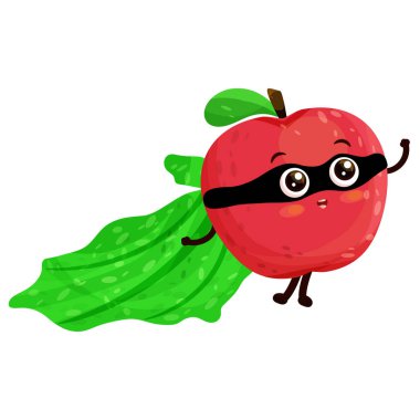Çizgi film karakteri süper kahraman pelerinli kırmızı elma uçan ve el sallayan, heyecanlı gülümseme ifadesi, beyaz arka planda izole edilmiş düz vektör çizimi.