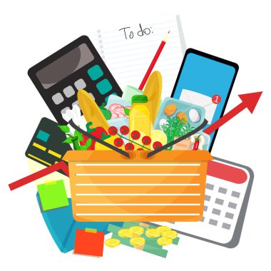 Canlı konsept. Market ürünleri ile bilgi vektör illüstrasyon sepeti, akıllı telefonlu hesap makinesi, liste ve notlarla dolu zarf hazırlamak için. Yaşam maliyeti enflasyonu ve bütçe planlaması.
