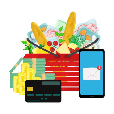 Yaşam maliyeti konsepti. Alışveriş sepeti içinde yiyecek ve içecek ürünleri, nakit para, kredi kartı ve mesaj içeren akıllı telefon. Nakitsiz ödeme ve işlemler.