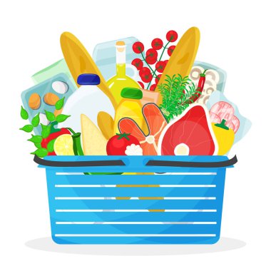Alışveriş ve yemek. Süt ürünleri, et ve balık, ekmek ve sebze de dahil olmak üzere yiyecek ve içecek ürünleriyle dolu mavi alışveriş sepetinin vektör çizimi. Ev yemeği ve yaşam maliyeti kavramı.