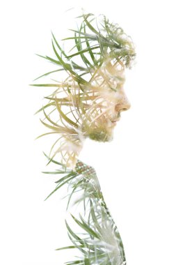 Tropik bitki ve bir insan portresi. Çift pozlama