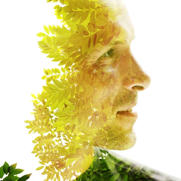 Ein Nahaufnahme Porträt Eines Manns Kombination Mit Hellgrünen Baumstämmen Doppelbelichtungstechnik — Stockfoto