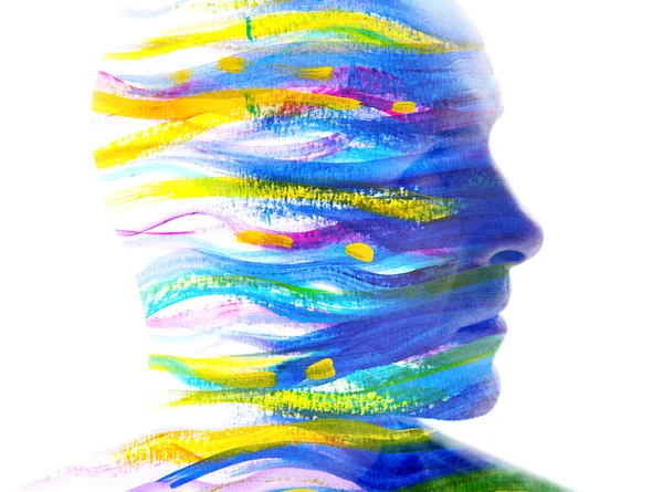 Художественный Портрет Профиля Мана Сочетании Волнистыми Стирпами Краски Технике Живописи — стоковое фото