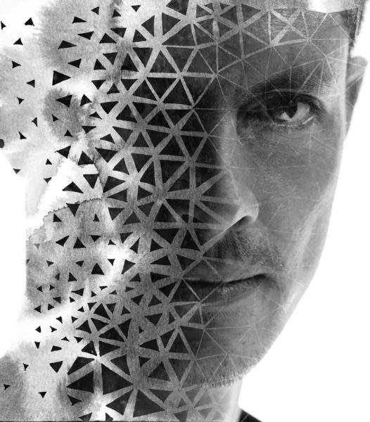Černobílý Portrét Muže Malířské Technice Kombinaci Geometrickým Vzorem — Stock fotografie
