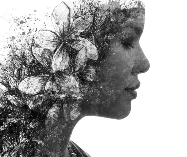 Художній Чорно Білий Портрет Жіночого Профілю Поєднанні Малюнком Квітів Техніці — стокове фото