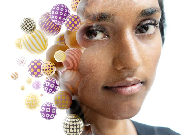 一个年轻女子与3D图案球体相结合的双曝光肖像 — 图库照片