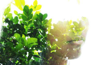 Genç bir kadının portresi, güneş ışığındaki yeşil çalıların fotoğrafıyla birleştirilmiş.