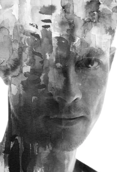 Черно Белый Портрет Человека Сочетании Абстрактным Акварельным Рисунком Технике Живописи — стоковое фото