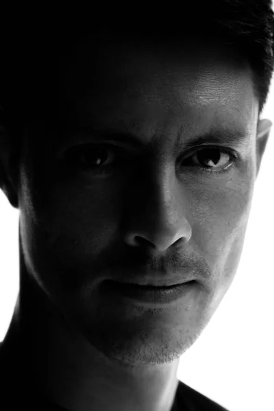 Closeup Black White Exoressive Full Frontal Portrait Man White Background — Stock Photo, Image