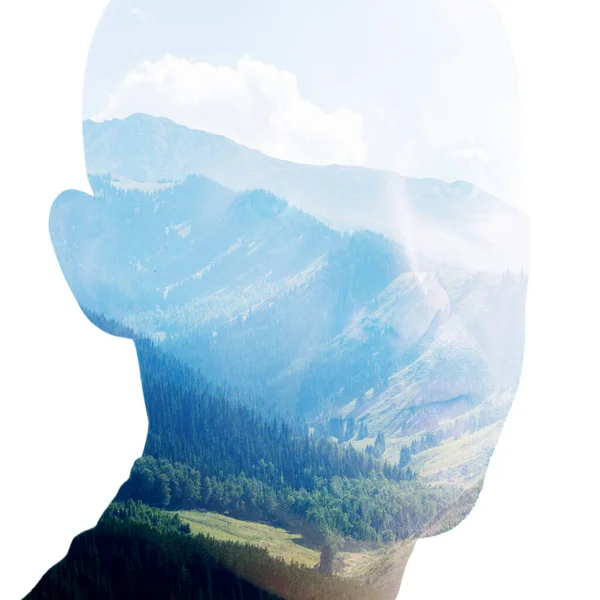 Artistic Portrait Mans Head Silhouette Combined Photo Mountains Double Exposure — Stock Photo, Image