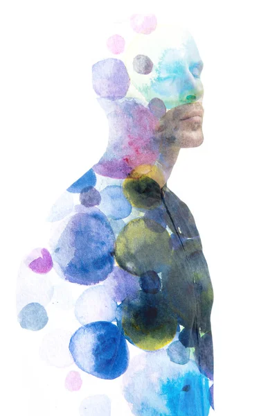Artistic Portrait Man Combined Watercolor Bubbles Paintography Technique — Stock Photo, Image