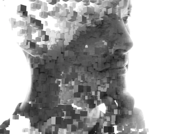 Портрет Человека Мыслящего Сочетании Трехмерным Кубическим Узором Технике Двойной Экспозиции — стоковое фото