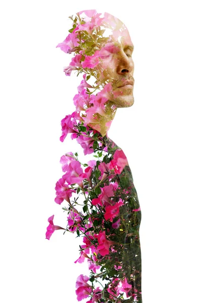 Een Dubbele Exposeren Artistiek Portret Van Een Man Met Roze — Stockfoto