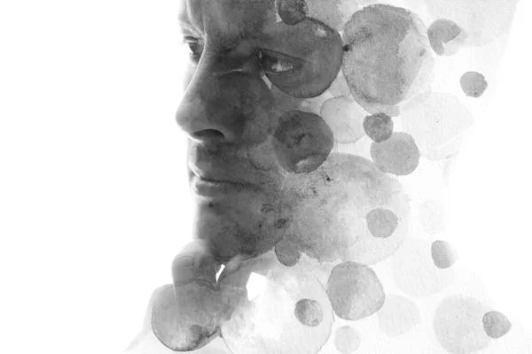 Ritratto Bianco Nero Uomo Che Pensa Combinazione Con Cerchi Dipinti — Foto Stock