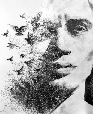 Sanatsal bir siyah beyaz portre. Paintografi tekniğindeki uçan kuşların resmiyle birleştirilmiş bir adam portresi.